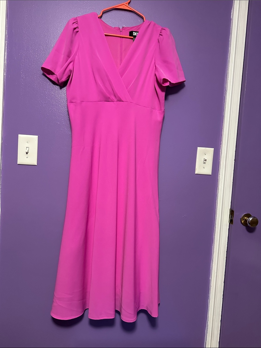 DKNY Fuchsia V-Neck Midi Dress
